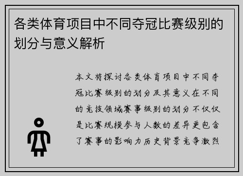 各类体育项目中不同夺冠比赛级别的划分与意义解析